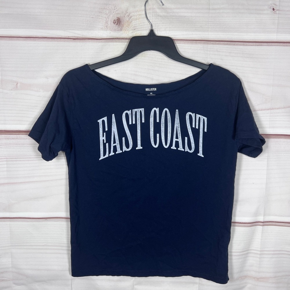 Hollister T-Shirt Women XS Blue East Coast Graphic Short Sleeve Off The Shoulder
